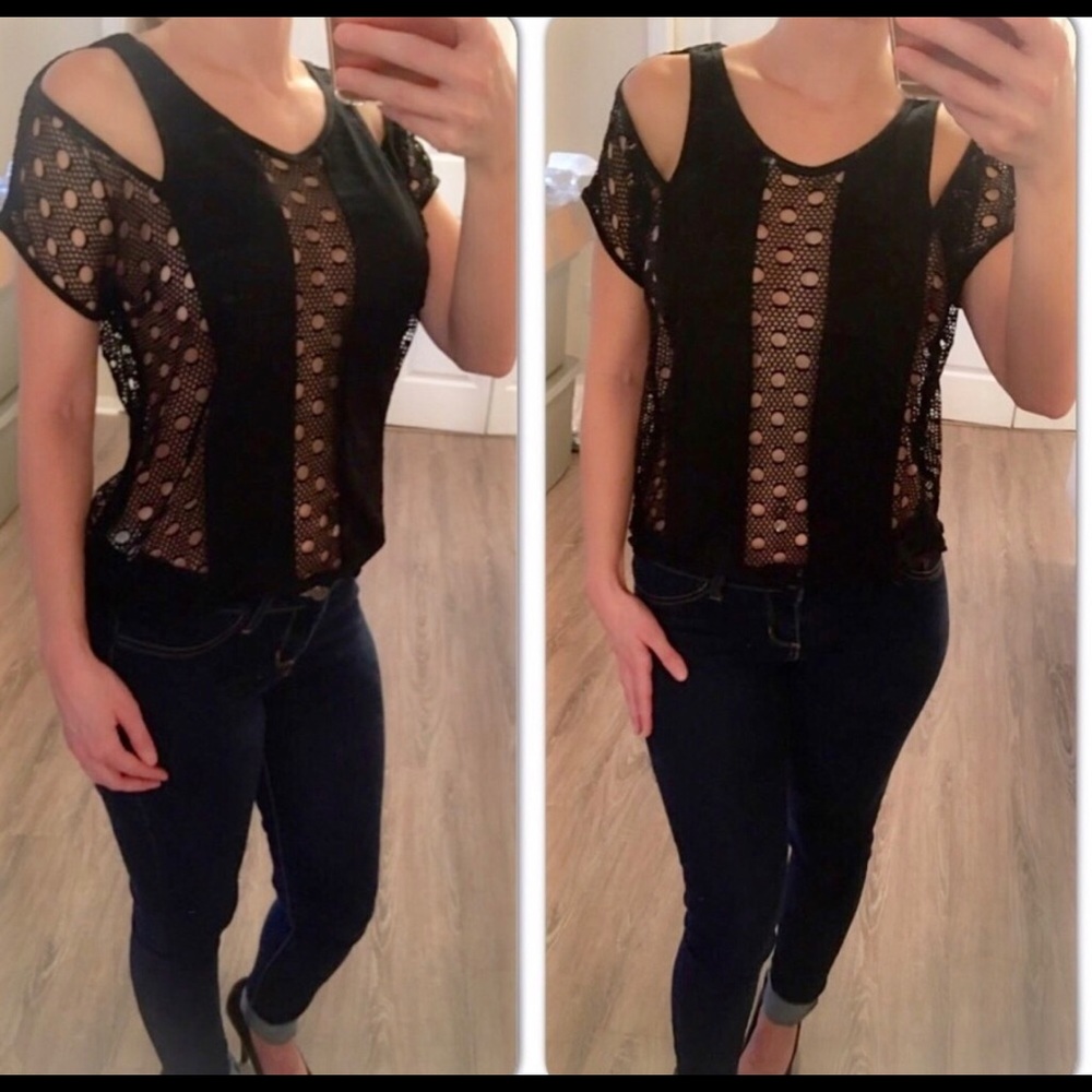 Black mesh cold shoulder top